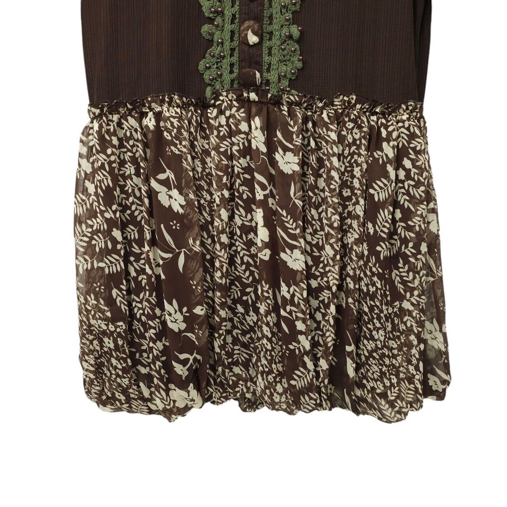 Pretty Angel Chocolate Floral Boho Tunic Top Womens L Crochet Trim Button Detail - Picture 9 of 15